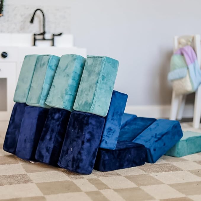 The Original Premium Plush Building Block for Kids - Certified Safe Foam Blocks in Luxuriously Soft Fabric Covers - Set of 24 (Ocean)