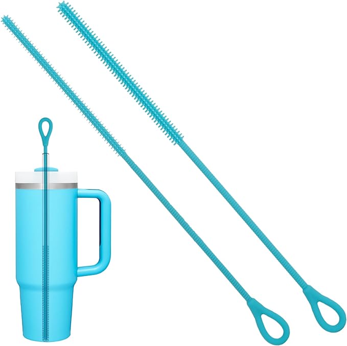 2Pcs Silicone Straw Cleaner Brush, 9.84in Reusable Straw Cleaner with Bendable Steel Core, Extra Long Soft Bottle Brush for Clearing Glass Straws, Smoothie Straws, 9mm&6mm (Blue)