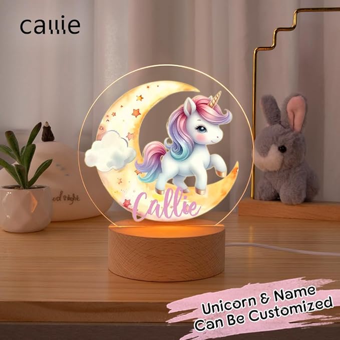 callie Acrylic Night Light Name Plate Personalized, Custom Cute Dreamy Mythical Beast with Wooden Base Bedroom Decor, Birthday Gifts Kid Gifts for Family (Cute Dreamy Mythical Beast)