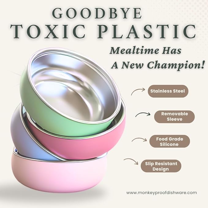 Monkey Proof™ Non-Toxic Stainless Steel Child Bowl 5” with Non-Slip Silicone Shell, (Set of 4 bowls) Unbreakable, Mess Free Feeding for Babies, Toddlers, Kids, BPA free (Misty Blue)