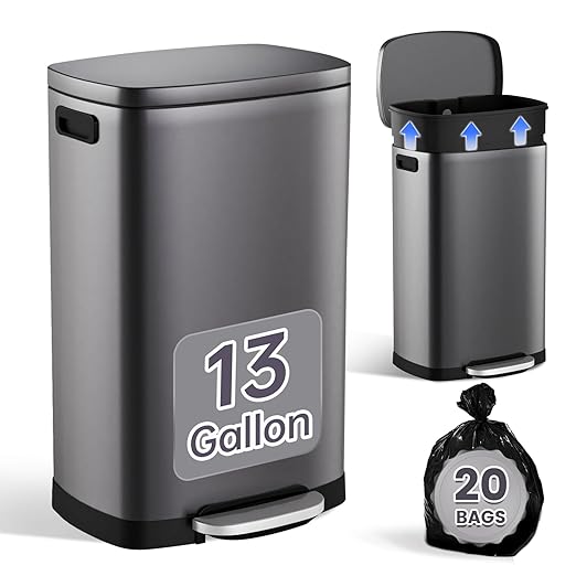 ELPHECO Kitchen Trash Can with Lid Soft Close, 13 Gallon / 50L Stainless Steel Pedal Garbage Can, Heavy-Duty Step Wastebasket with 20 Bags, Removable Bucket, Home Office, Titanium Silver