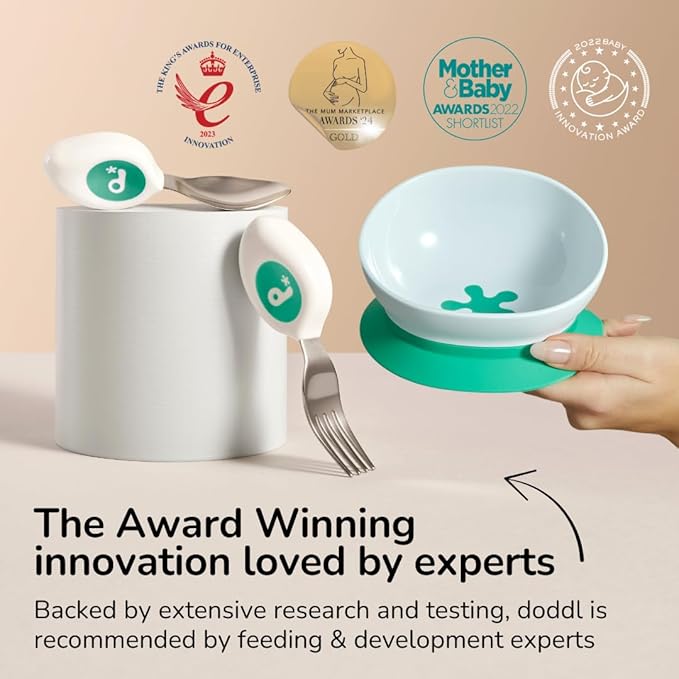 doddl Toddler Utensils, Ergonomic Fork and Spoon Set for Self Feeding, Stainless Steel Silverware for 1-3 Year Olds, BPA Free, Dishwasher Safe (Aqua + Bowl)