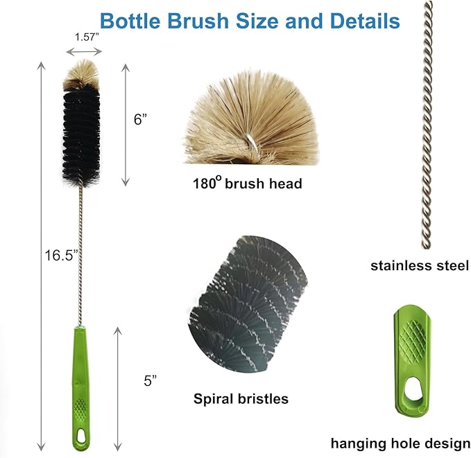 2 Pack 16" Bottle Brush, Dokpod Long Handle Cleaning Brushes for Long Narrow Neck Bottle Cleaning Water Beer Wine Sports Bottle Thermos Flask Bottles Cleaning Hummingbird Feeder Vase Cleaning Brushes
