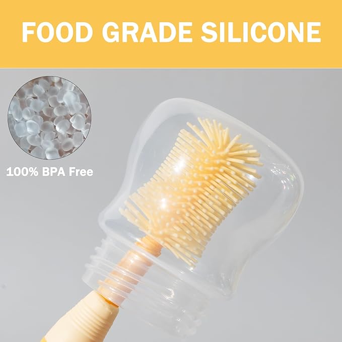 Travel Bottle Brush, 6-in-1 Portable Travel Bottle Cleaner Kit with Small Bottle Brush Built in Drying Rack, Nipple Brush, Straw Brush, Soap Dispenser, for Baby Bottles Under 8 OZ, BPA-Free(Yellow)