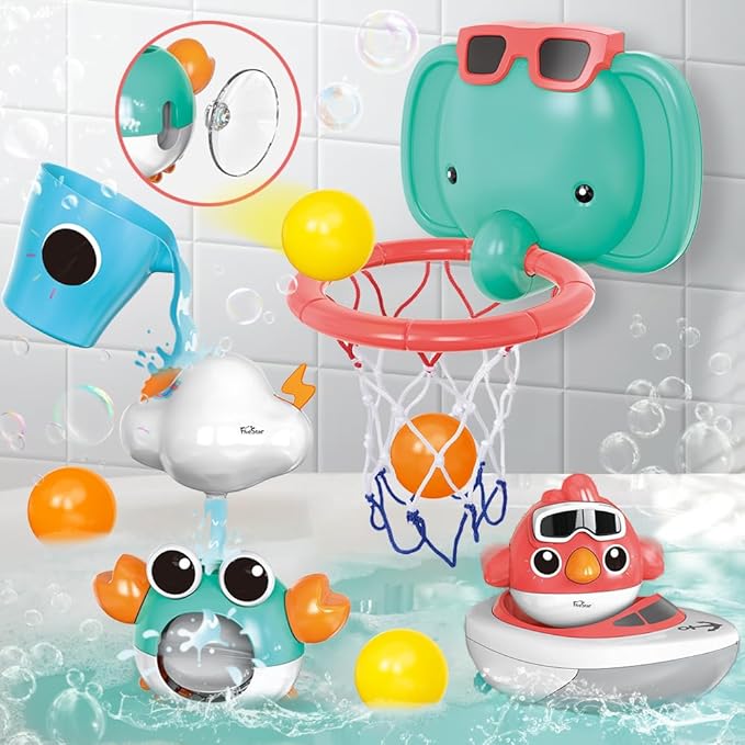 VATOS Baby Bath Toys, Elephant Basketball Hoop Bathroom Toys for Babies Boys Girls 1 Year Old, Baby Bathtub Playset with Bird, Crab, Clouds, Yacht Best Bath Gift for Toddlers 1-3