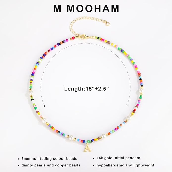 M MOOHAM Colorful Initial Necklaces for Girls Women Kids - Christmas Stocking Stuffers Beaded Pearl Choker Necklace for Women Teen Girl Gifts Trendy Personalized Letter Birthday Gifts Kids Jewelry
