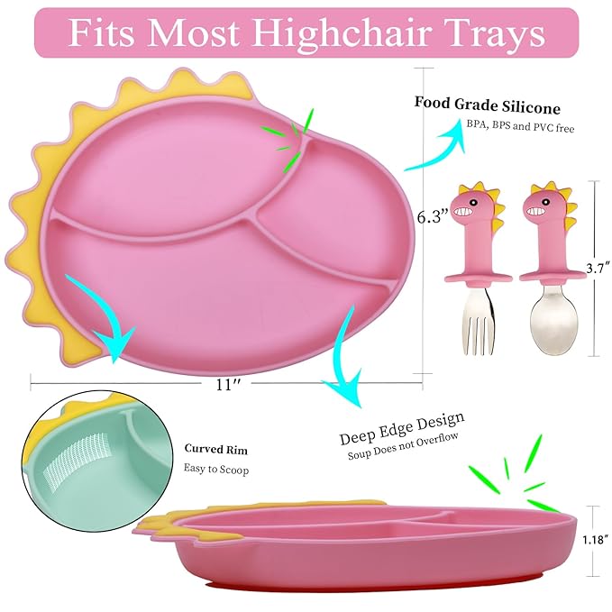 Silicone Suction Plates for Baby Toddler with Stainless Steel Spoon Fork set Divided Dinosaurs Plates Self Feeding Training Baby Dinner Plate-Pink Dinosaurs Plate Set