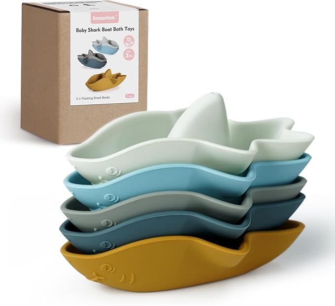 Bessentials Silicone Stackable Baby Shark Boat Bath Toys Set, Mold-Free Floating Bathtub Toys for Baby & Toddler,BPA Free,Set of 5
