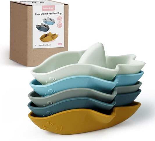 Bessentials Silicone Stackable Baby Shark Boat Bath Toys Set, Mold-Free Floating Bathtub Toys for Baby & Toddler,BPA Free,Set of 5