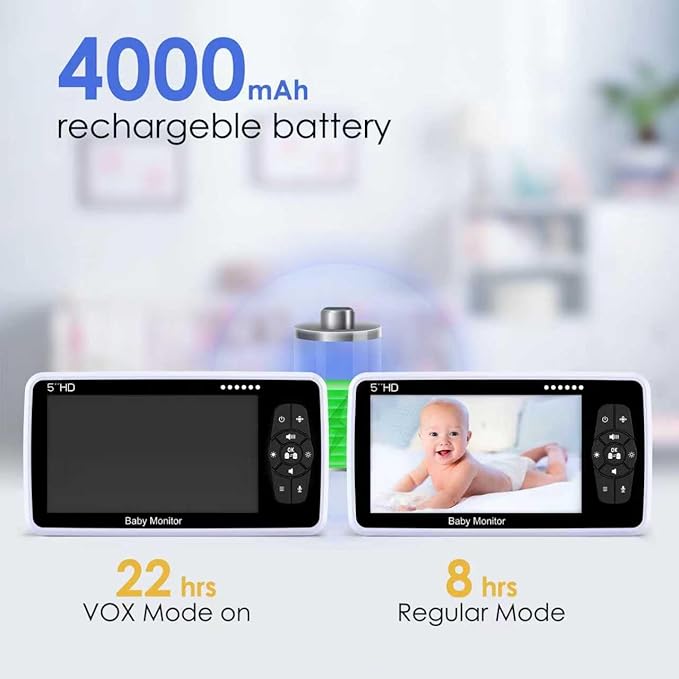 Babystar Baby Monitor with Camera and Audio, 720P HD Resolution 5" Display, Up to 22 Hour Battery, Remote Pan-Tilt-Zoom, No WiFi, VOX, Night Vision, 2-Way Audio, Lullabies, Temperature Sensor