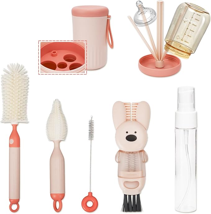Travel Bottle Cleaner kit, 7 in1 Electric Baby Bottle Brush Cleaner Set with Silicone Brushes, Soap Dispenser, Drying Rack, Storage Box and Gap Cleaning Brush for Home Picnic Travel Outdoo