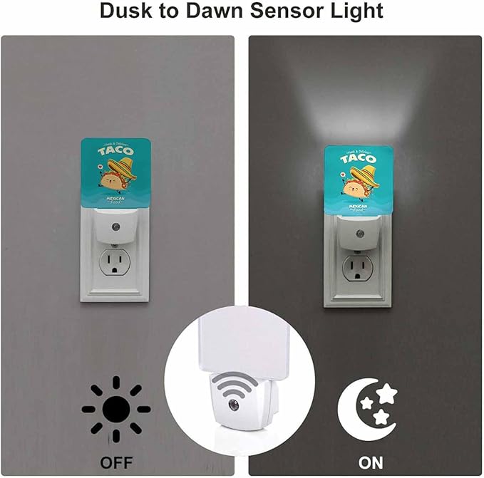 LED Night Light,Vintage Mexican Food Taco Character LED Night Light Plug into Wall with Dusk to Dawn Light Sensor White Energy Efficient Nightlight for Bedroom Bathroom Hallway Living Room Kitchen