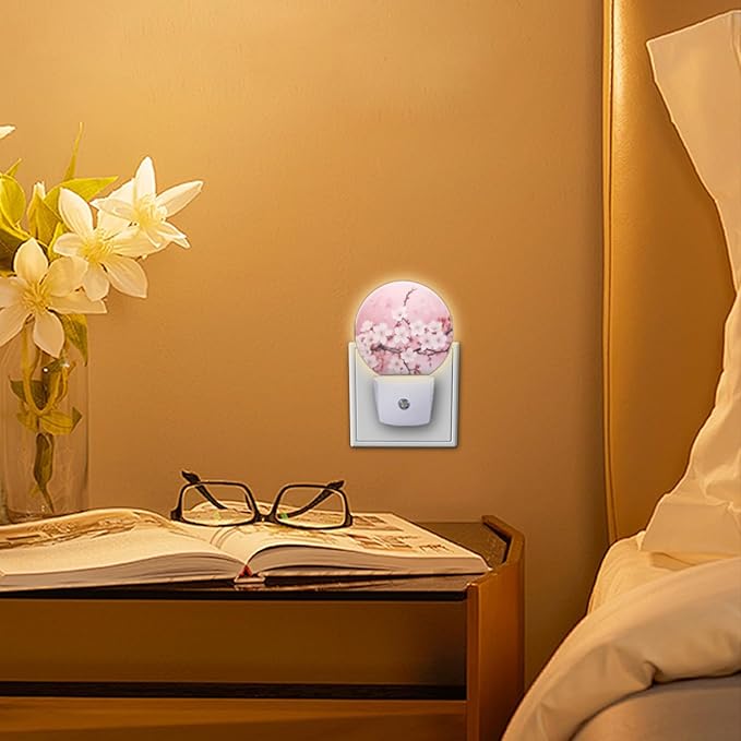 Round LED Night Lights Lamp with Dusk to Dawn Sensor, Delicate Pink Background with Cherry Blossoms Night Light Plug Into Wall for Kids Room, Bedroom, Bathroom, Kitchen, Hallway