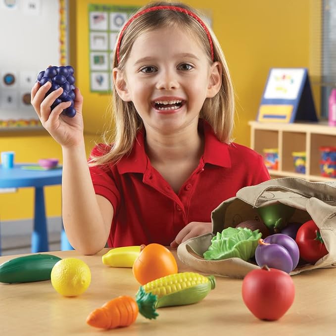 Learning Resources Fresh Picked Fruit And Veggie Tote, 17 Piece, Age 18 months+, Multicolor,8 L x 9 W in