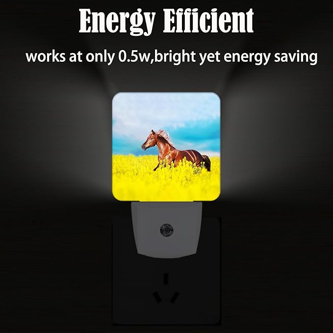 Bay Horse On Rape Field Night Light,Plug-in Night Lights with Dusk to Dawn Sensor for Stairway,Hallway,Bedroom Sleep Friendly Ideal for Women/Girls/Boys Gift,0.5w