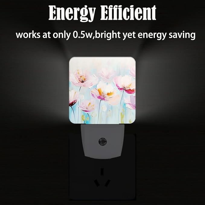Oil Pink Flowers Night Light,Plug-in Night Lights with Dusk to Dawn Sensor for Stairway,Hallway,Bedroom Sleep Friendly Ideal for Women/Girls/Boys Gift,0.5w