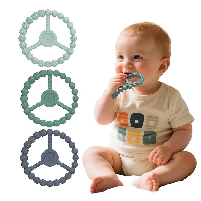 3 Pack Baby Teething Toys 3-6 Months, Silicone Ring Teethers for Babies 6-12 Months, Freezer Safe Chew Toy with Textured Grip for Boys Girls Teething Relief, Infant Easter Gift (Mint Green Blue)