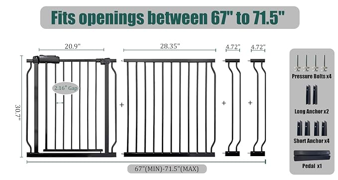 67-71.5 Inch Extra Wide Baby Gate, Pressure Mounted No Drill, Heavy-Duty Metal Safety Gate for Wide Stairs, Black with Extension Kit