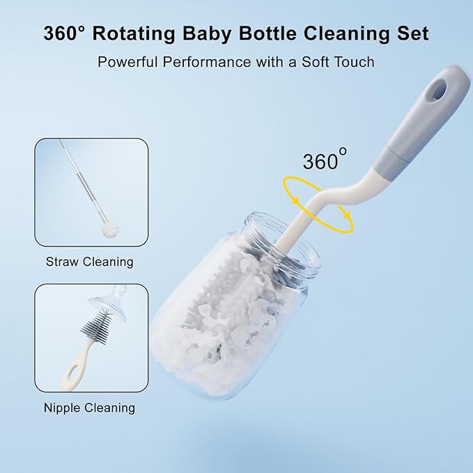 Silicone Bottle Brush Set with Stand, 360° Rotating Bottle Cleaning Brush Cleaner Set, Long Handle 3 in 1 Multipurpose Silicone Baby Bottle Straw Cleaner Brush (Grey)