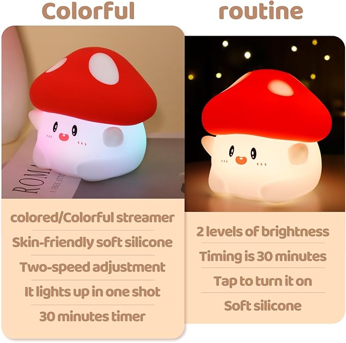 Mushroom Night Light Silicone - Color Changing Lamp, USB Rechargeable, Long Battery Life, Soft Squishy, Dimmable Brightness - Bedroom Decor, Cute Mushroom Gifts for Kids & Adults
