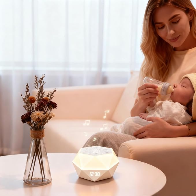 Sound Machine with Light, Portable Sleep White Noise Machine with 8 Colors Night Light, Mini Polygonal Geometric Design APP Control Alarm Clock with 32 Natural Soothing Sounds for Baby Kids Adults