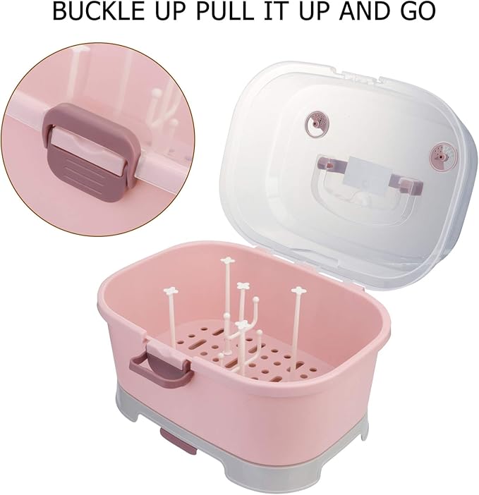 NUOBESTY Portable Baby Bottle Storage Organizer with Cover, Pink Milk Bottle Drying Rack Box for Home and Travel Use, 13.77 X 9.84 X 9.84 Inches