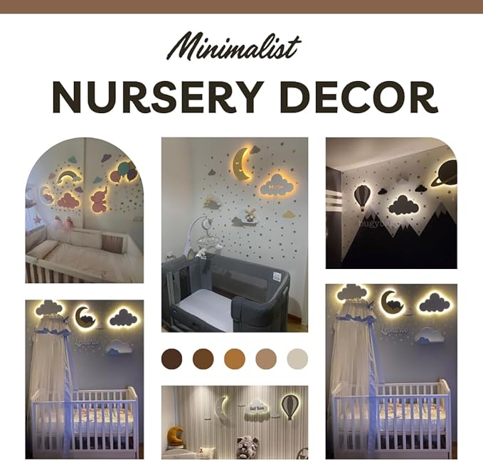 BugyBagy Nursery Wall Lamp Set – 3 Hand Painted Night Lights for Baby Room (Hot Air Balloon, Cloud, Elephant on Moon) + Bonus Wall Stickers – Soft Linen Colors Pink or Blue (Pink Theme 2)
