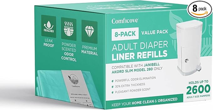 8 Pack Adult Diaper Liner Refills, Compatible with Janibell Akord 280 Slim Model, Adult Diaper System to Eliminate Waste, Odor Resistant by Comficove