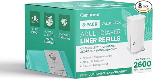 8 Pack Adult Diaper Liner Refills, Compatible with Janibell Akord 280 Slim Model, Adult Diaper System to Eliminate Waste, Odor Resistant by Comficove