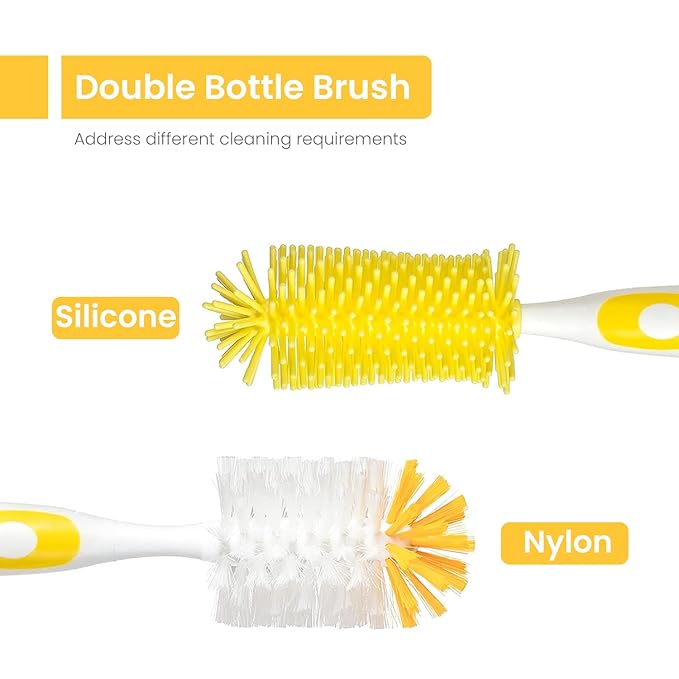 Baby Bottle Brush Set - Nylon & Silicone Bottle & Nipple Brush, BPA-Free (Yellow)