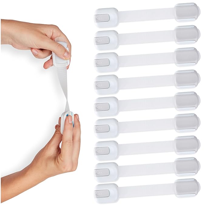 Child Safety Strap Locks (10 Pack) Baby Locks for Cabinets and Drawers, Toilet, Fridge & More. 3M Adhesive Pads. Easy Installation, No Drilling Required, White/Gray