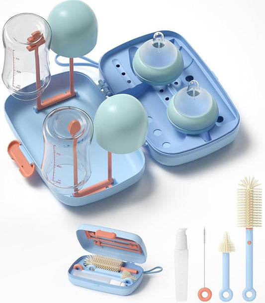 7in1 Travel Bottle Cleaner kit with Baby Bottle Brush and Bottle Drying Rack,Swift Cleaning, Easy Portability(Blue)