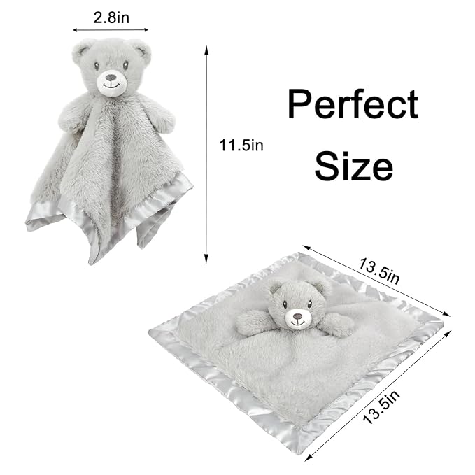 Bear Security Blanket Soft Minky Baby Lovey Animal Plush Blanket Unisex Lovie Gift for Toddler, Boys and Girls, 13.5 Inch (Grey)