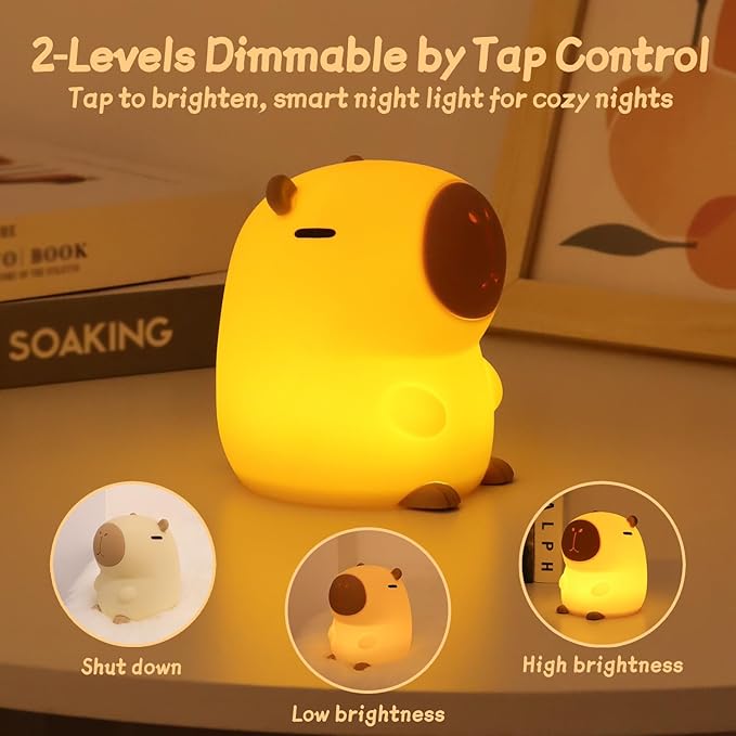 Capybara Night Light for Kids, Squishy Lamp, 1200mAh Long-Lasting Battery, Rechargeable Touch Control, Dimmable with 30-Min Timer, Capybara Gifts for Nursery Halloween Bedroom Decor