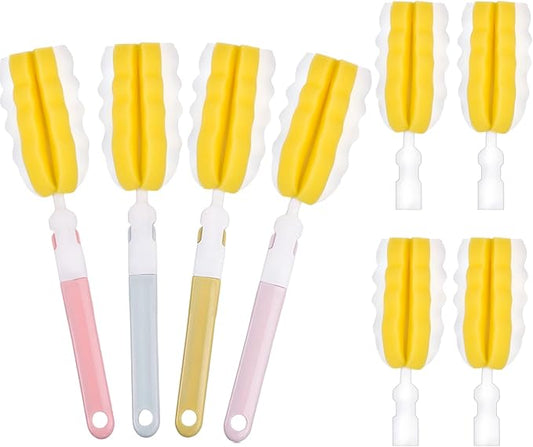 INVODA 4PCS Bottle Brush Long Handle Cup Cleaner Brush Sponge Bottle Scrubber Replaceable Brush Head Portable Bottle Cleaning Brush for Baby Bottle Dishwashing Kitchen Clean Mugs (4PCS+ 4 Brush heads)