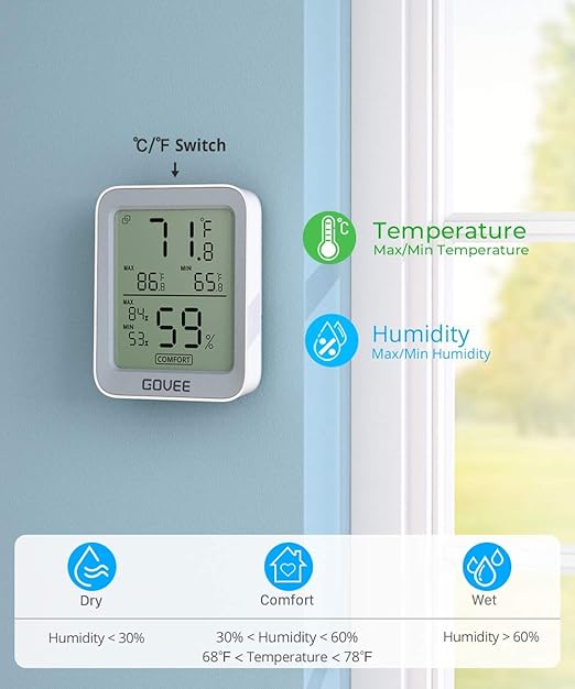Govee Bluetooth Digital Hygrometer Indoor Thermometer, Room Humidity and Temperature Sensor Gauge with Remote App Monitoring, Large LCD Display, Notification Alerts, 2 Years Data Storage Export, Grey
