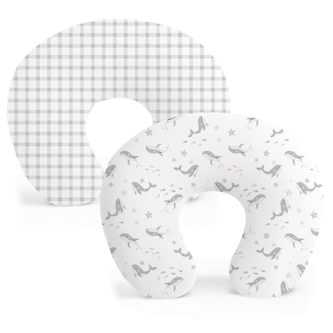 Konssy 2 Pack Nursing Pillow Covers, Stretchy and Soft Nursing Cover for Breastfeeding Pillows, Pillow Slipcover for Baby Girls Boys Newborn (Starry Whales,Cozy Grid)