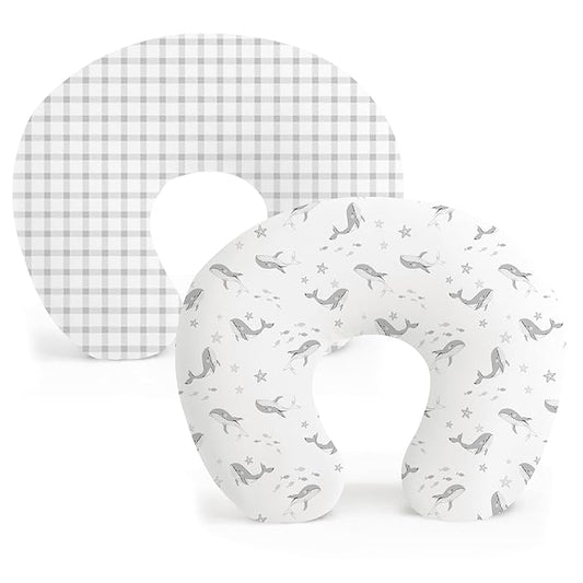 Konssy 2 Pack Nursing Pillow Covers, Stretchy and Soft Nursing Cover for Breastfeeding Pillows, Pillow Slipcover for Baby Girls Boys Newborn (Starry Whales,Cozy Grid)