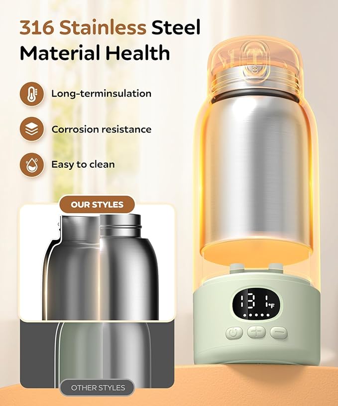 Portable Bottle Warmer 17oz Bottle Warmer for Breast Milk Formula & Water, Fast Heating, Long Battery Life & Large Capacity, Suitable for Baby Outdoor Travel Green