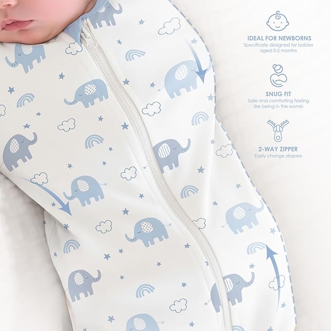 Baby Swaddle 0-2 Months, Cotton Arm-In Zipper Sleep Sack, Wearable Blankets Wrap for Newborn Infant Girls and Boys (Elephant, Pack of 1)