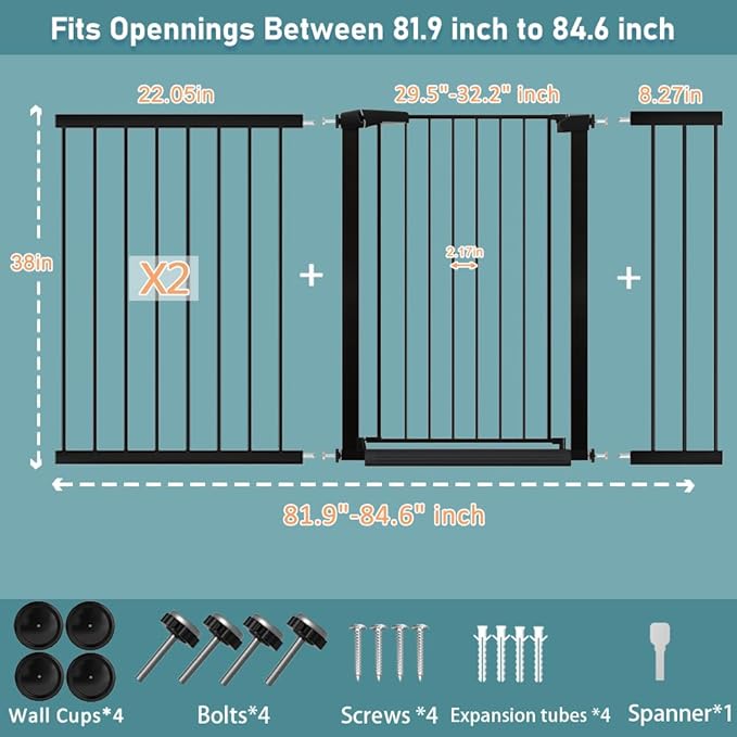Fairy Baby 38" Extra Tall Baby Gate for Stairs & Doorway, 81.9"-84.6" Extra Wide Long Dog Pet Gate for House Indoor, Long Safety Child Gate No Drill, Metal Auto Close Walk Thru Swing Puppy Gate, Black