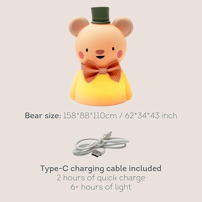 Taf Toys Silicone Kids Night Light Adjustable Brightness Levels & 30-Min Timer Tap Control 3-Level Dimmable Baby Night Lights for Nursery USB Rechargeable Nursing Lamp Bedroom Décor (Little Bear)
