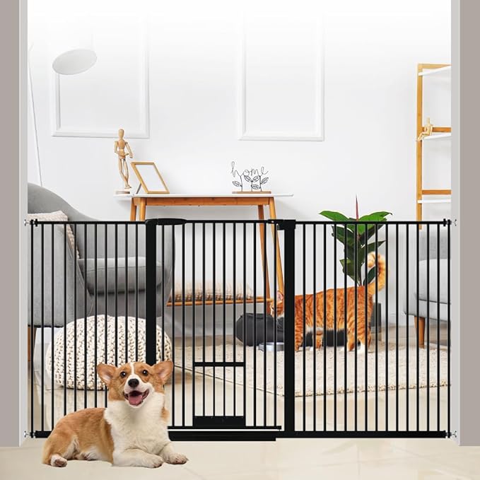 40.55" Tall 1.37" Ultra Narrow Spacing Dogs Pets Baby Gate with Door for Doorway Cat Safety Proof Indoor 73.43"-81.30" Extra Wide Puppy Pressure Mounted No Drill White Black Metal Hallway