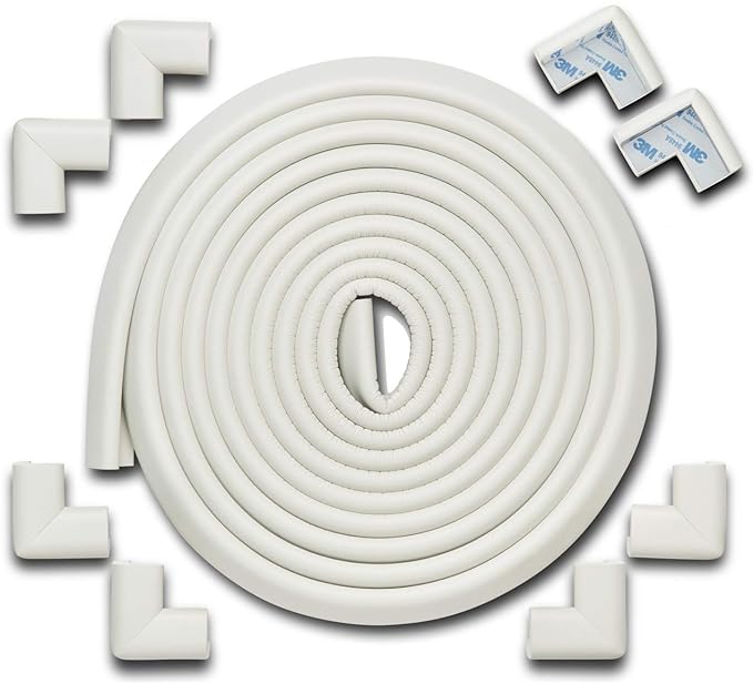 Roving Cove HeftyFit Edge Corner Protector Baby Proofing (Large 18ft Edge 8 Corners), Heavy-Duty, Soft NBR Rubber Foam, Furniture Fireplace Safety Bumper Guard, 3M Adhesive, Oyster White (Off White)