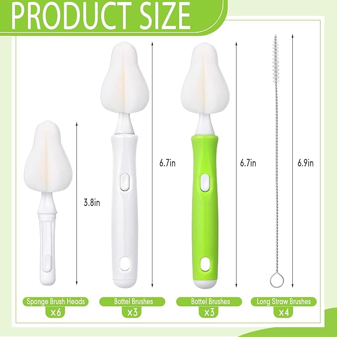 22 Pcs Sponge Bottle Nipple Brushes Set Including 12 Pcs Bottle Sponge Brush Heads 6 Interchangeable Nipple Brush Handles and 4 Long Straw Brushes for Baby Bottles (White and Green Handle)