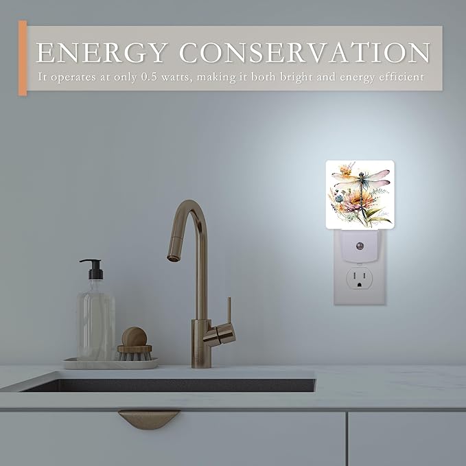 Night Light,Dragonfly Watercolor Night Lights Plug into Wall for Boys Girls Bedroom Decorative Half Round Nightlight Led Lamp 0.5W Sleep Friendly