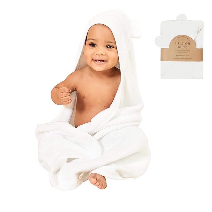 Munich Blue Baby Bath Hooded Towel for Boys and Girls - Soft and Cozy Baby Towel with Cute Bear Ears for Newborn, Infant and Toddler - White, 600 GSM, 35 x 35
