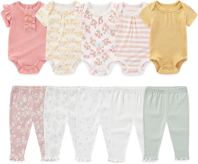 Kiddiezoom Newborn Baby Layette Set 10-Piece with Bodysuits and Pants Set for Unisex Baby Gift Sets