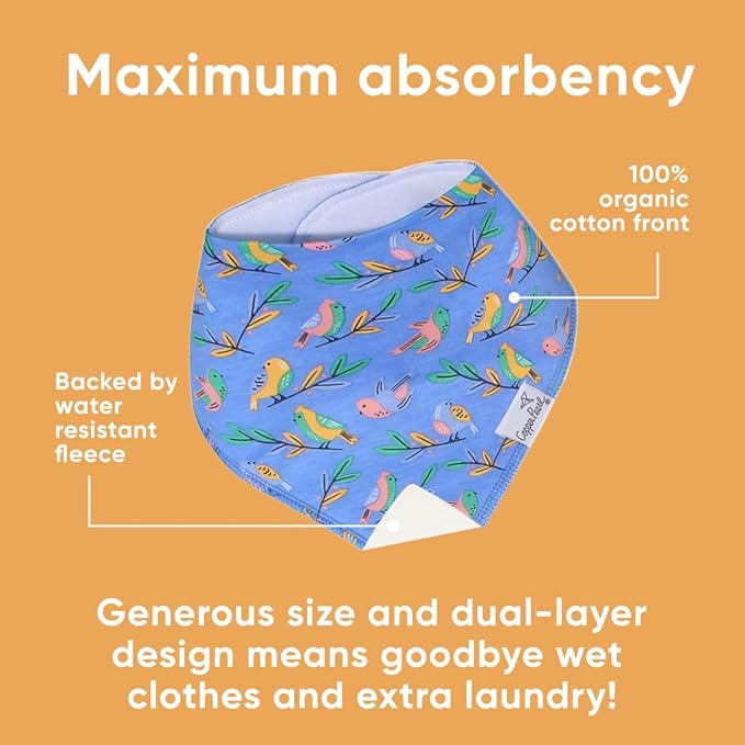 Copper Pearl 4 Pack Soft Cotton Baby Bibs for Drooling and Teething, Absorbent Drool Bibs for Baby Girl and Boy, Adjustable to Fit Newborns to Toddlers, Tons of Styles (Birdie)