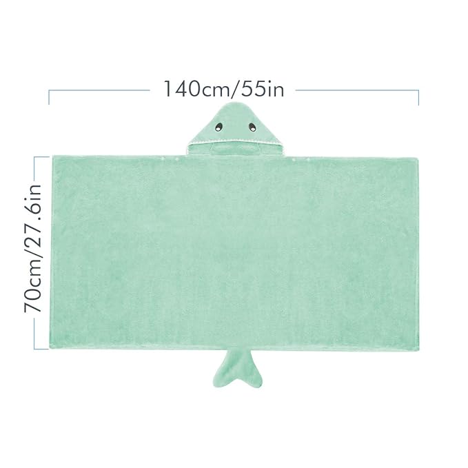 ROMASA Toddler Hooded Bath Towel Ultra Soft Towel Highly Absorbent Bathrobe Blanket for Boys Girls- 27.5" x 55"(Green Shark-Shape)